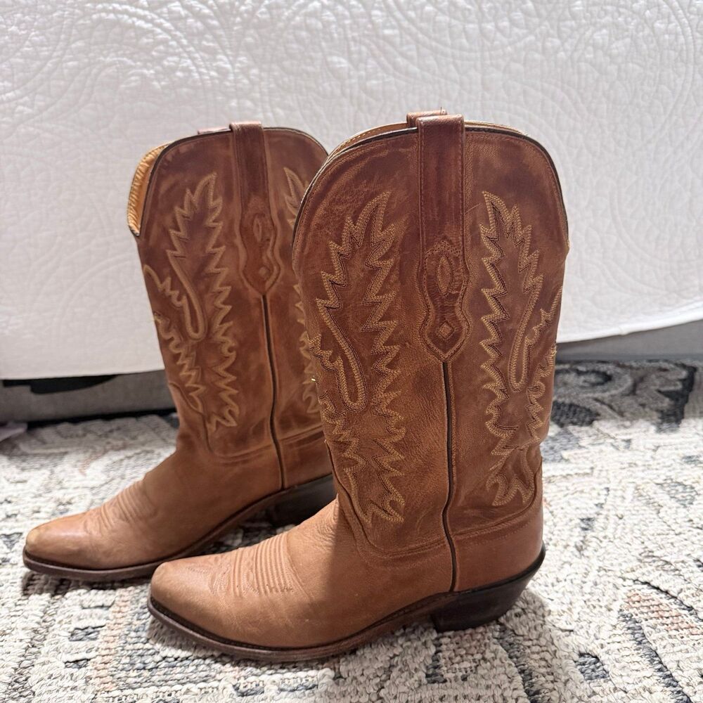 OLD WEST WOMENS COWBOY BOOTS 8.5 BROWN ANTIQUE LEATHER SNIP TOE FANCY STITCHING - Picture 5 of 7
